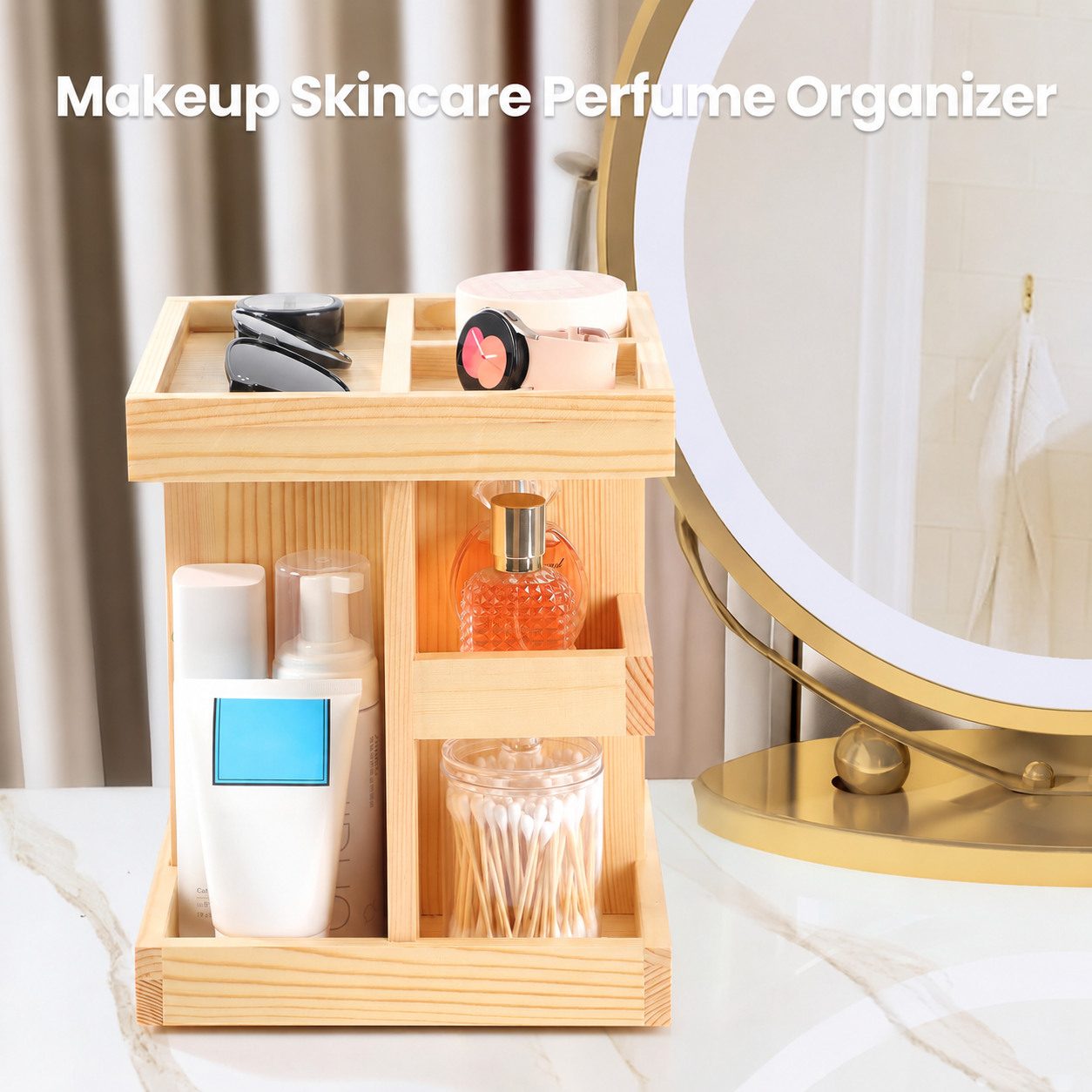 Wooden 3-Tier Rotating Skincare & Makeup Organizer for Perfume, Essential Oils, Jewelry, Bathroom Counter, Vanity & Desk Storage