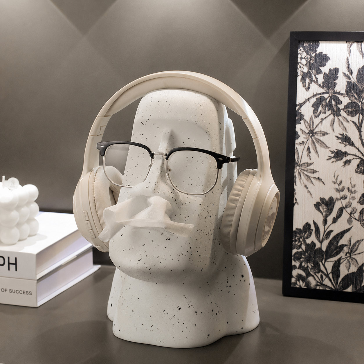 Moai Statue Face Tissue Box with Mouth Pull Dispenser, Glasses Holder & Headphone Stand