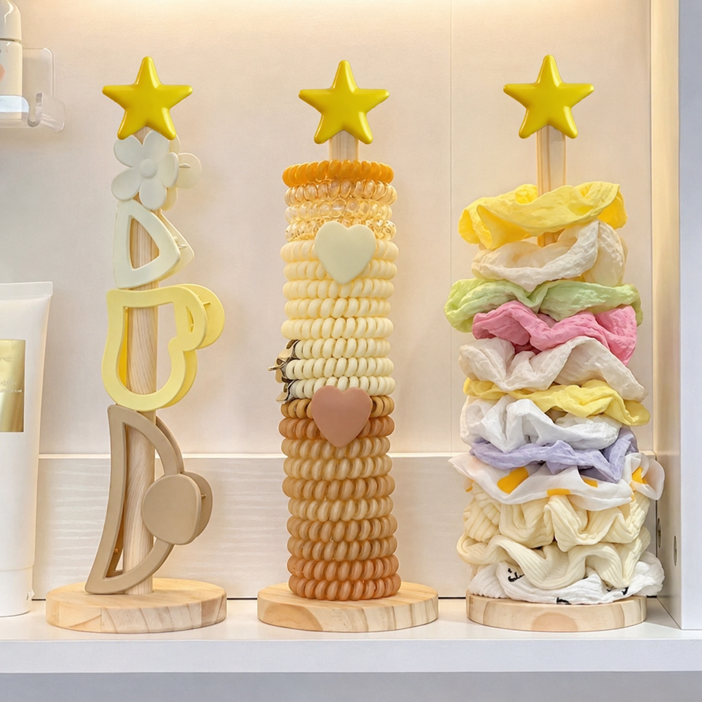 Star Hair Tie Organizer Display Stand with Wooden Base for Scrunchies, Hair Elastics, Bracelets & Accessories