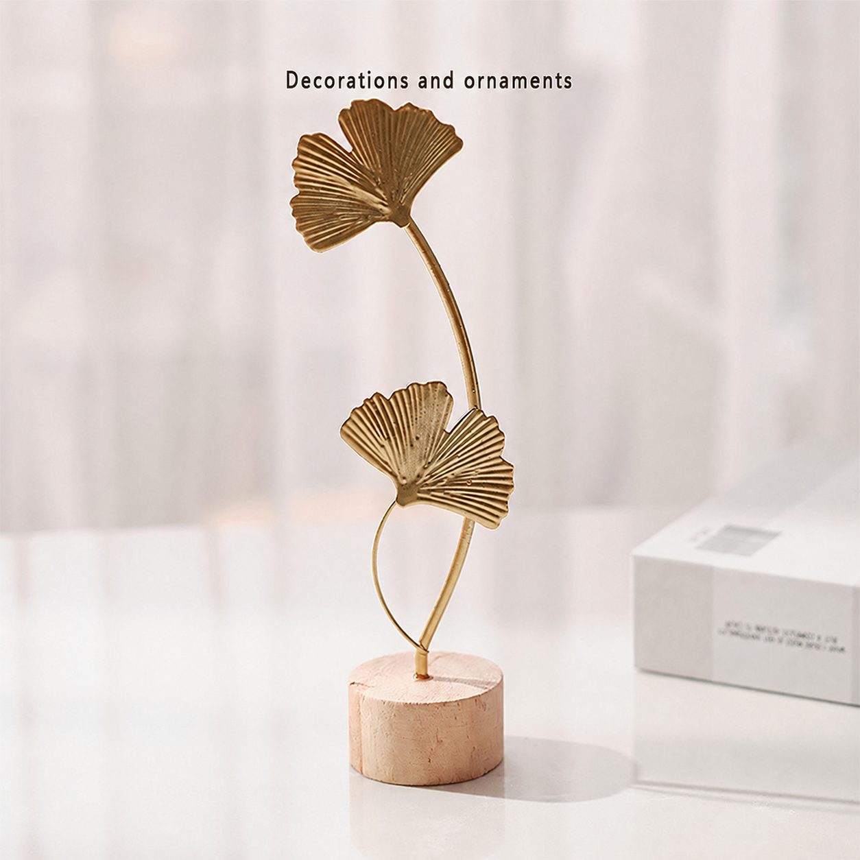 Nordic Luxury Metal Leaf & Feather Decorative Ornament with Solid Wood Base