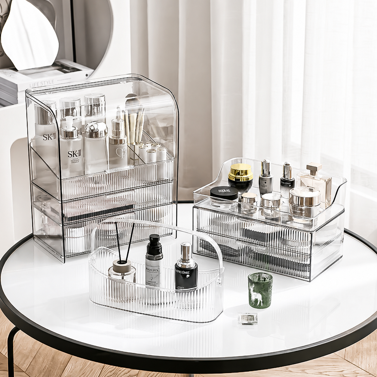 Luxury Ripple-Texture Transparent PET Makeup Organizer with 4-Compartment Desktop Storage