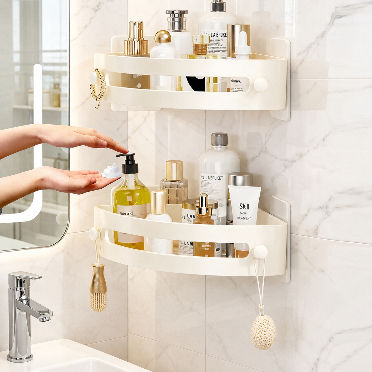 No-Drill Corner Shower Shelf Organizer with Adhesive Mount, Drainage Design & Hanging Hooks