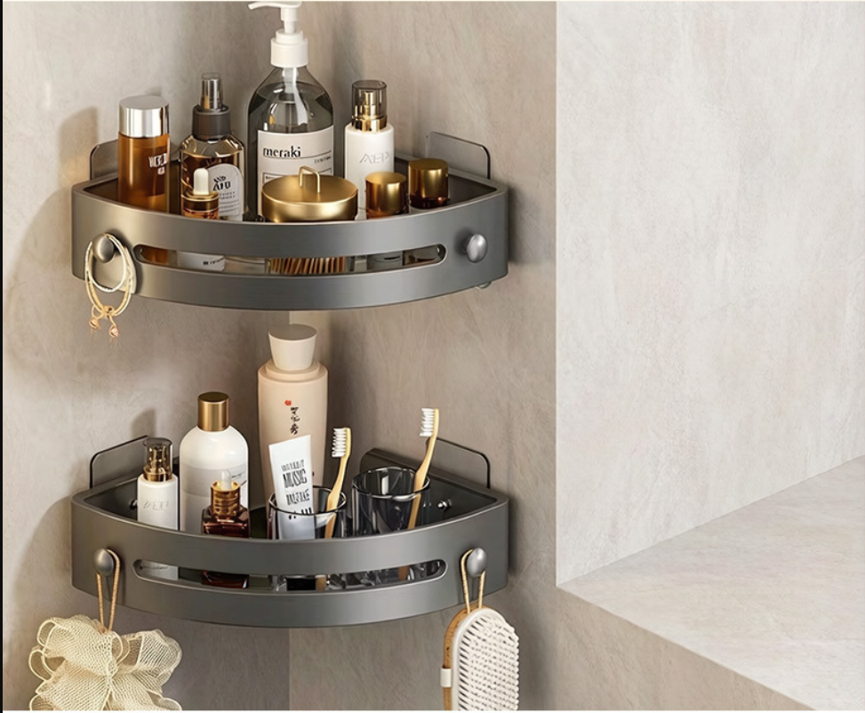 No-Drill Corner Shower Shelf Organizer with Adhesive Mount, Drainage Design & Hanging Hooks