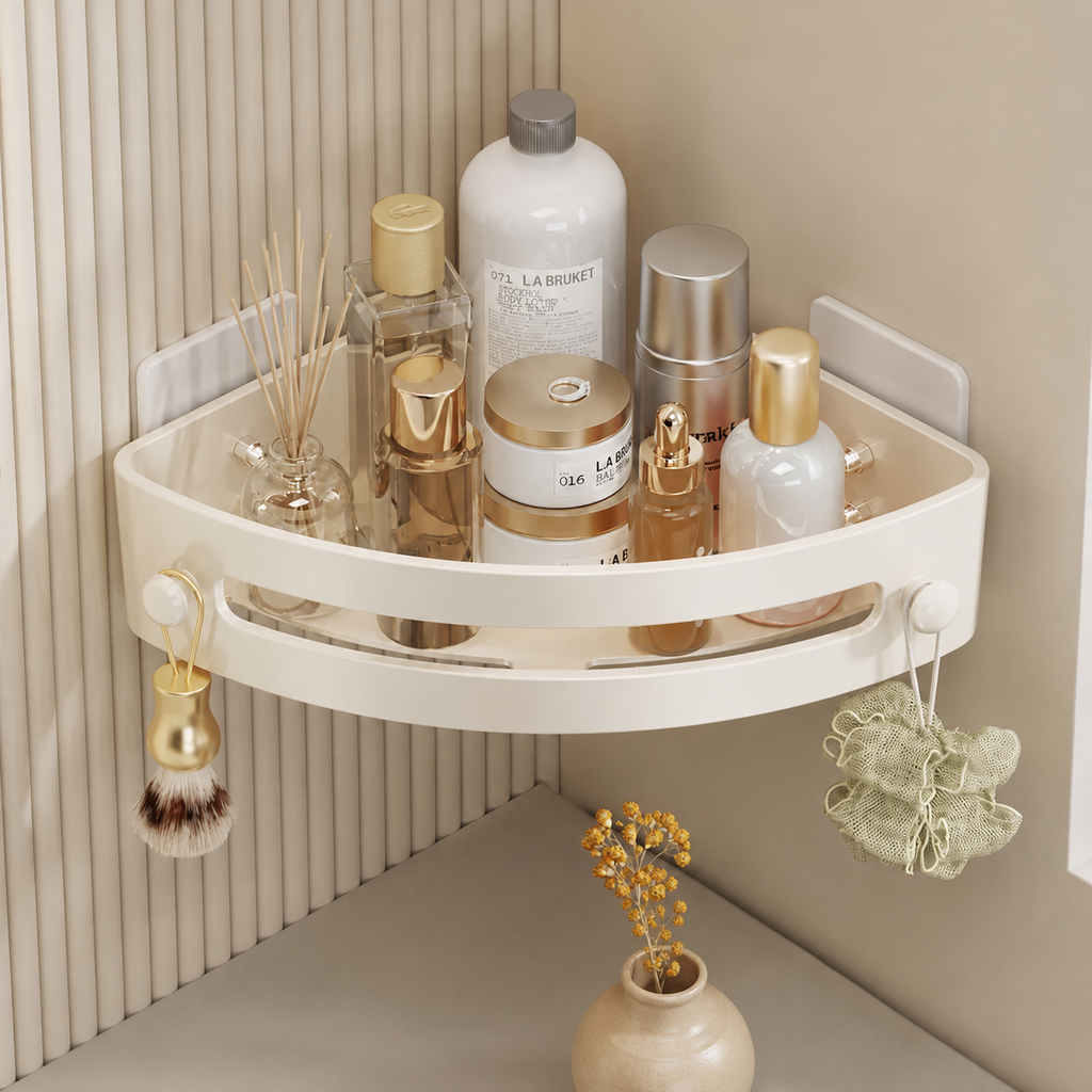 No-Drill Corner Shower Shelf Organizer with Adhesive Mount, Drainage Design & Hanging Hooks