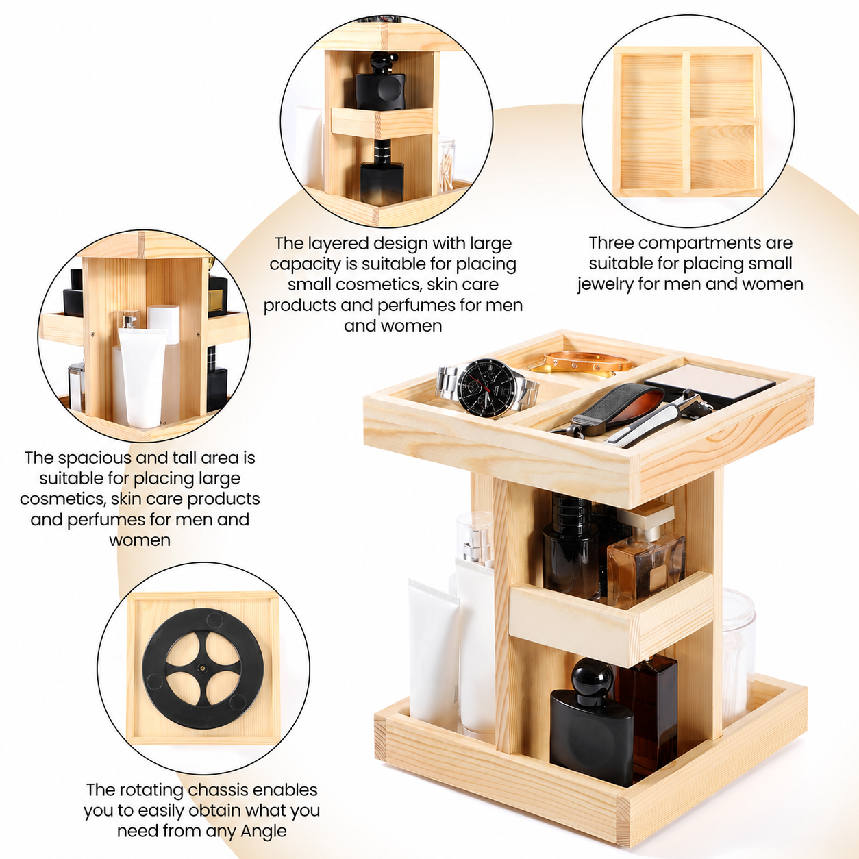 Wooden 3-Tier Rotating Skincare & Makeup Organizer for Perfume, Essential Oils, Jewelry, Bathroom Counter, Vanity & Desk Storage